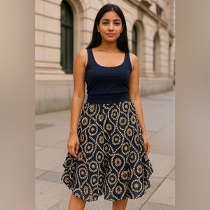 Chaudry, Navy Crinkle Skirt with White & Yellow Floral Print, Size S | 0499